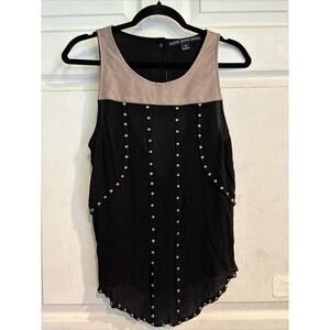 HYFVE Womens Black Studded Gauze & Tan Faux Leather Open Back Blouse Size M